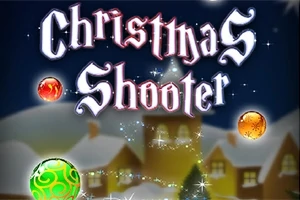 겨울 테마의 마을 배경 위에 Christmas Shooter라는 글자가 쓰여 있고, 주변에는 반짝이는 공들이 떠 있는 장면