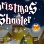 겨울 테마의 마을 배경 위에 Christmas Shooter라는 글자가 쓰여 있고, 주변에는 반짝이는 공들이 떠 있는 장면