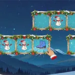 산 및 눈이 내린 겨울 배경에 크리스마스 장식된 카드와 눈사람 및 아이스 스케이트 이미지가 있는 화면