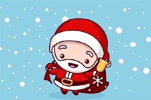 빨간 산타 복장을 입은 귀여운 캐릭터가 눈이 내리는 하늘 아래 방울을 흔들고 있는 모습