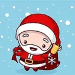 빨간 산타 복장을 입은 귀여운 캐릭터가 눈이 내리는 하늘 아래 방울을 흔들고 있는 모습