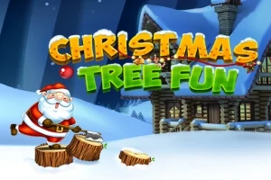 겨울 배경 속에서 산타클로스가 통나무를 도끼로 찍고 있으며, 눈 덮인 통나무 집과 CHRISTMAS TREE FUN이라는 텍스트가 있는 이미지