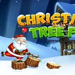 겨울 배경 속에서 산타클로스가 통나무를 도끼로 찍고 있으며, 눈 덮인 통나무 집과 CHRISTMAS TREE FUN이라는 텍스트가 있는 이미지