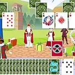 산타클로스와 크리스마스 장식, 카드를 들고 있는 인물들이 있는 크리스마스 테마의 풍경