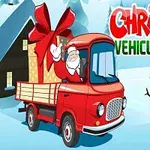 산타 클로스가 큰 리본으로 포장된 선물을 실은 빨간 트럭을 운전하고 있고, 배경에는 눈사람과 눈 덮인 집이 있습니다