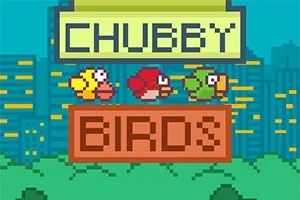 세 마리의 픽셀 스타일 새가 하늘을 나는 모습과 CHUBBY BIRDS라는 글자가 도시 배경 위에 나타난 이미지