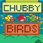 세 마리의 픽셀 스타일 새가 하늘을 나는 모습과 CHUBBY BIRDS라는 글자가 도시 배경 위에 나타난 이미지