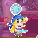 파란 스카프를 두른 금발의 캐릭터가 접시를 들고 웃고 있는 모습