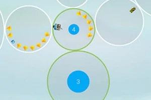 중앙에 숫자 3과 4가 있는 파란색 원들과 노란색 삼각형 패턴이 배치된 이미지