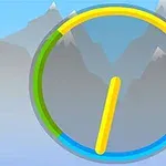회색 배경에 산을 배경으로 노란 막대와 녹색, 노란색, 분홍색, 파란색 네 부분으로 나뉜 원이 있는 이미지
