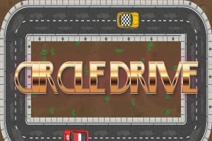 도로 위의 트랙을 따라 달리는 빨간색과 노란색 자동차, 중앙에 CIRCLE DRIVE라는 금색 텍스트
