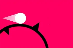 핑크 배경 위에 흰색 공이 검은 곡선과 삼각형 모양의 검은 돌출부 위에 놓여 있는 장면