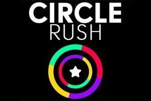 검은 배경에 CIRCLE RUSH라는 텍스트 아래 다채로운 색상의 동그라미 두 개와 별 모양이 있습니다