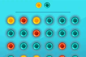 파란색 배경에 노란색과 주황색 원, 그리고 여러 개의 청록색 원이 배열되어 있는 이미지