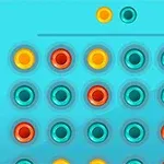 파란색 배경에 노란색과 주황색 원, 그리고 여러 개의 청록색 원이 배열되어 있는 이미지