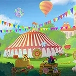 서커스 텐트가 있는 밝은 축제 현장과 조각상, 풍선, 장식 등이 있는 풍경