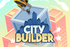 건물을 배경으로 한 로봇 팔과 CITY BUILDER라는 텍스트가 있는 장면