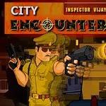 애니메이션 스타일 경찰관이 권총을 들고 쏘는 장면, 배경은 도시의 밤 풍경