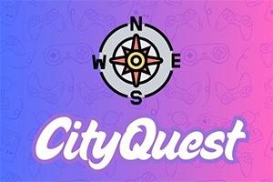 나침반과 CityQuest라는 텍스트가 포함된 분홍색과 파란색 그라데이션 배경 이미지