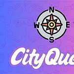 나침반과 CityQuest라는 텍스트가 포함된 분홍색과 파란색 그라데이션 배경 이미지