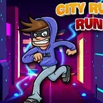 어두운 도시의 네온 조명 속 후드티를 입고 달리는 캐릭터