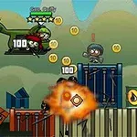 헬리콥터와 군인들이 만화 스타일의 배경에서 전투를 벌이고 있으며, 폭발과 동전이 흩어져 있습니다