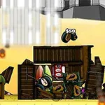 만화 스타일의 건물과 기계 장치를 배경으로 진행되는 액션 장면