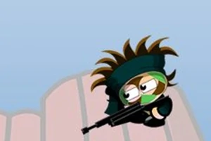 만화 스타일의 캐릭터가 안대를 착용하고 총을 들고 있는 모습