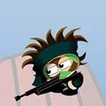 만화 스타일의 캐릭터가 안대를 착용하고 총을 들고 있는 모습