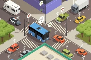 교통 신호와 여러 차량들이 교차로에 있는 장면의 3D 그래픽 일러스트