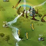 맑은 하늘 아래 초원에 흐르는 강과 옆에 나무, 작은 집들이 있으며, 구조물 옆에 무지개가 떠 있는 풍경