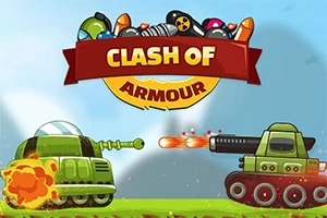 두 탱크가 서로 대치하며 발사체를 쏘는 장면과 Clash of Armour라는 텍스트가 중앙 상단에 있는 이미지