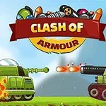 두 탱크가 서로 대치하며 발사체를 쏘는 장면과 Clash of Armour라는 텍스트가 중앙 상단에 있는 이미지