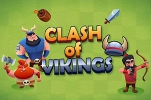만화 스타일 바이킹 전사 세 명과 Clash of Vikings 텍스트, 검, 투구, 나무통이 있는 이미지
