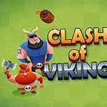 만화 스타일 바이킹 전사 세 명과 Clash of Vikings 텍스트, 검, 투구, 나무통이 있는 이미지