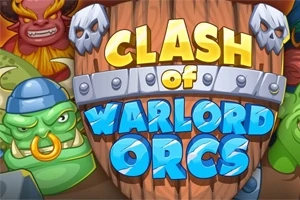 나무 방패와 해골 장식, 녹색 오크와 악마 캐릭터가 포함된 만화 스타일의 이미지