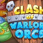 나무 방패와 해골 장식, 녹색 오크와 악마 캐릭터가 포함된 만화 스타일의 이미지