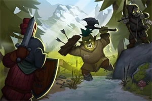 갑옷을 입은 전사가 도끼를 든 녹색 생물과 활을 든 후드 쓴 인물을 마주하고 있는 숲 속 장면