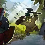 갑옷을 입은 전사가 도끼를 든 녹색 생물과 활을 든 후드 쓴 인물을 마주하고 있는 숲 속 장면