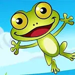 파란 하늘 아래, 밝게 웃는 초록색 개구리가 뛰어오르는 모습