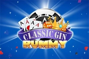 푸른 배경 위에 포커 칩, A 카드 네 장, 왕관, 그리고 CLASSIC GIN RUMMY라는 텍스트가 있는 로고