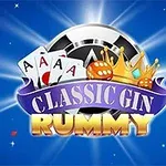 푸른 배경 위에 포커 칩, A 카드 네 장, 왕관, 그리고 CLASSIC GIN RUMMY라는 텍스트가 있는 로고