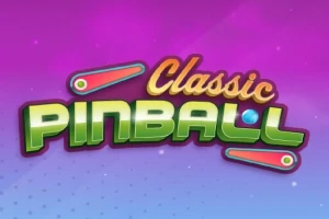 핑크와 보라색 그라디언트 배경에 Classic Pinball이라는 글자가 세련된 글꼴로 쓰여 있으며, 양쪽에 핀볼 플리퍼 그래픽이 있다