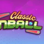 핑크와 보라색 그라디언트 배경에 Classic Pinball이라는 글자가 세련된 글꼴로 쓰여 있으며, 양쪽에 핀볼 플리퍼 그래픽이 있다