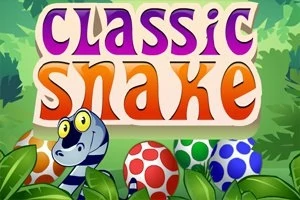 알록달록한 배경에 classic snake라는 글자가 있으며, 줄무늬 뱀과 색색의 알들이 보인다
