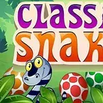 알록달록한 배경에 classic snake라는 글자가 있으며, 줄무늬 뱀과 색색의 알들이 보인다