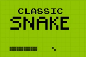 녹색 배경에 CLASSIC SNAKE라는 글자와 픽셀 그래픽의 뱀이 나타나 있습니다