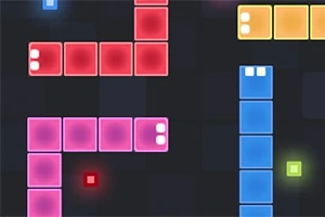 다양한 색상의 네모난 블록들이 어둡고 격자 무늬의 배경 위에 배열되어 있는 이미지