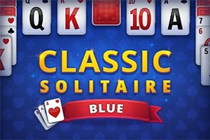 파란 배경에 카드와 CLASSIC SOLITAIRE BLUE라는 문구가 있는 이미지