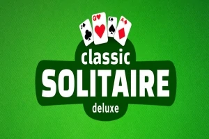 녹색 배경 위에 네 장의 카드와 classic SOLITAIRE deluxe라는 텍스트가 있는 이미지